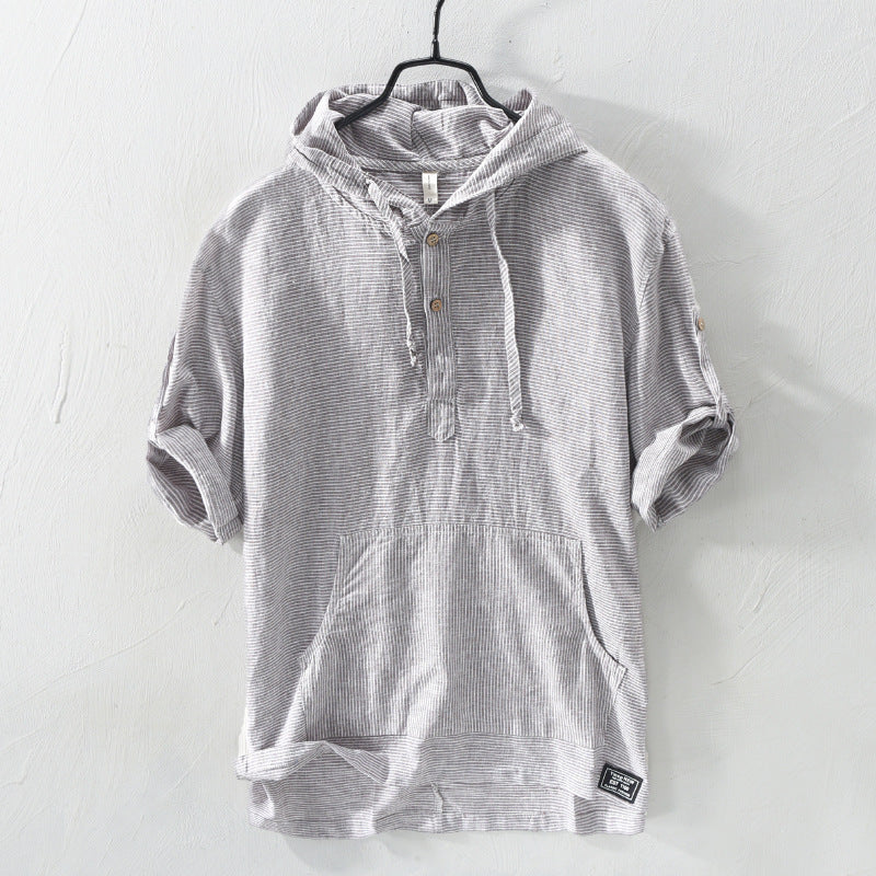 Summer Striped Men'S Hooded Cotton And Linen T-Shirt Drawstring T-Shirt