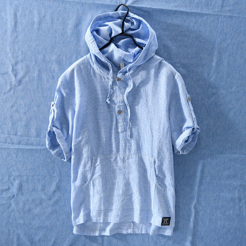 Summer Striped Men'S Hooded Cotton And Linen T-Shirt Drawstring T-Shirt
