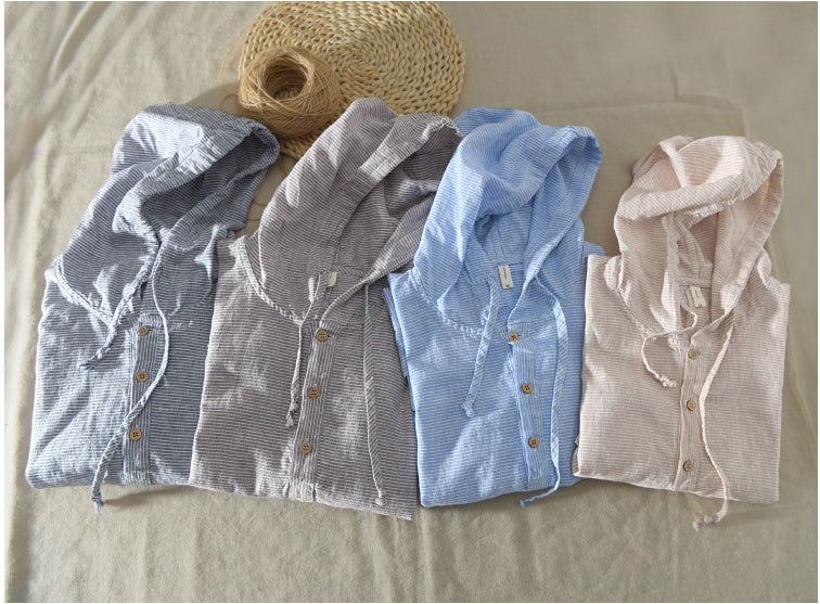 Summer Striped Men'S Hooded Cotton And Linen T-Shirt Drawstring T-Shirt