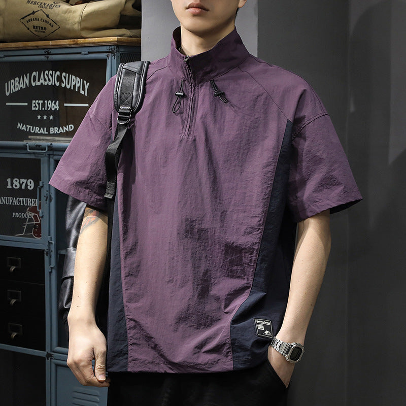 Men's Business Shirt Casual T-shirt American Half Zipped Stand Collar Shirt