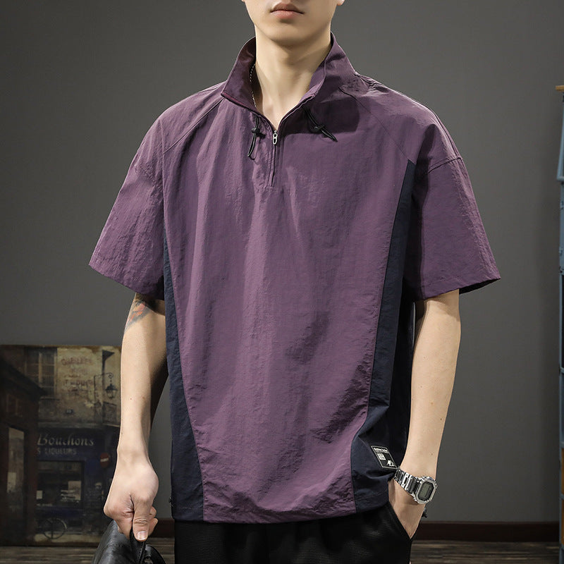 Men's Business Shirt Casual T-shirt American Half Zipped Stand Collar Shirt