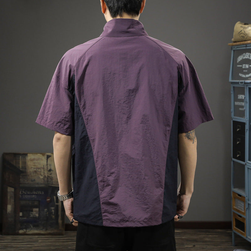 Men's Business Shirt Casual T-shirt American Half Zipped Stand Collar Shirt