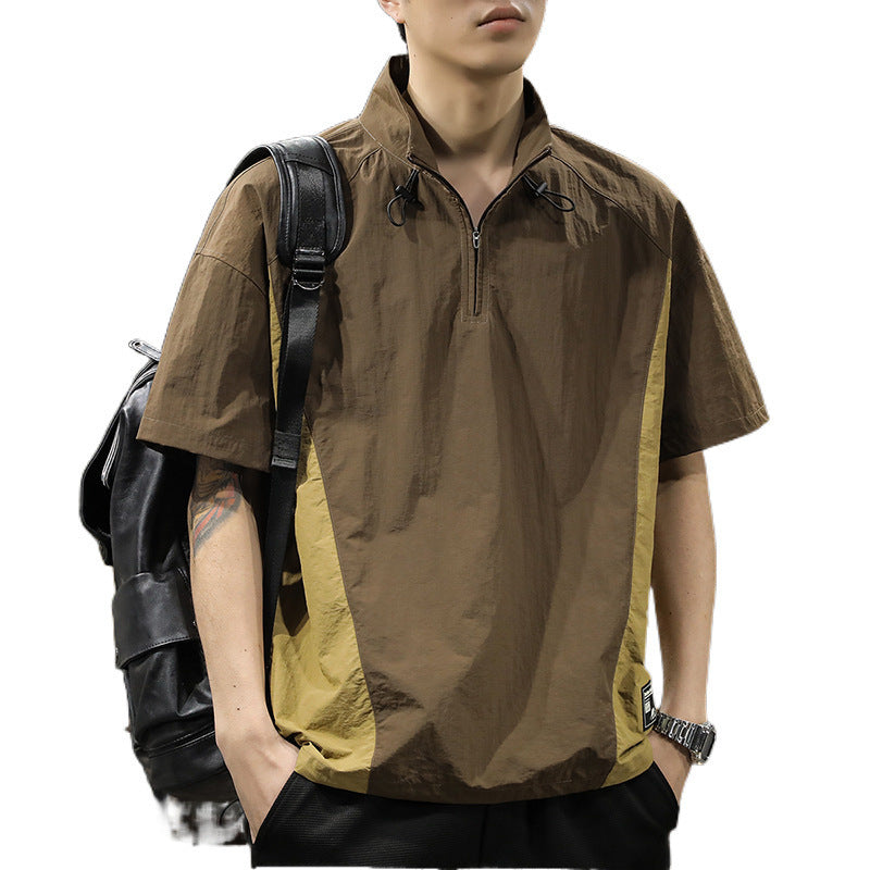 Men's Business Shirt Casual T-shirt American Half Zipped Stand Collar Shirt