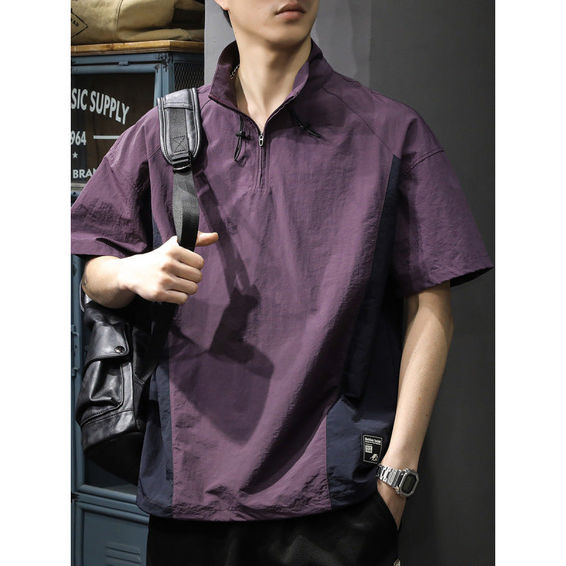 Men's Business Shirt Casual T-shirt American Half Zipped Stand Collar Shirt