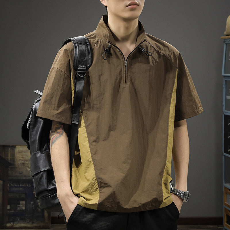 Men's Business Shirt Casual T-shirt American Half Zipped Stand Collar Shirt