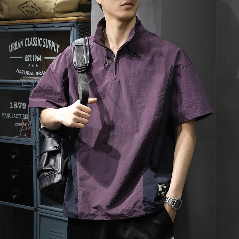 Men's Business Shirt Casual T-shirt American Half Zipped Stand Collar Shirt